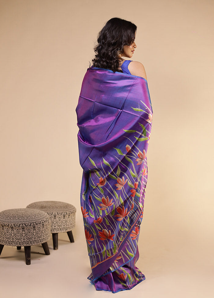 Purple Printed Pure Silk Saree With Blouse Piece