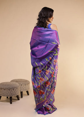 Purple Printed Pure Silk Saree With Blouse Piece