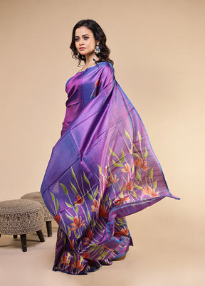 Purple Printed Pure Silk Saree With Blouse Piece