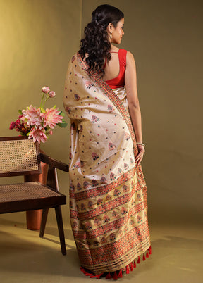 Cream Assam Silk Saree With Blouse Piece