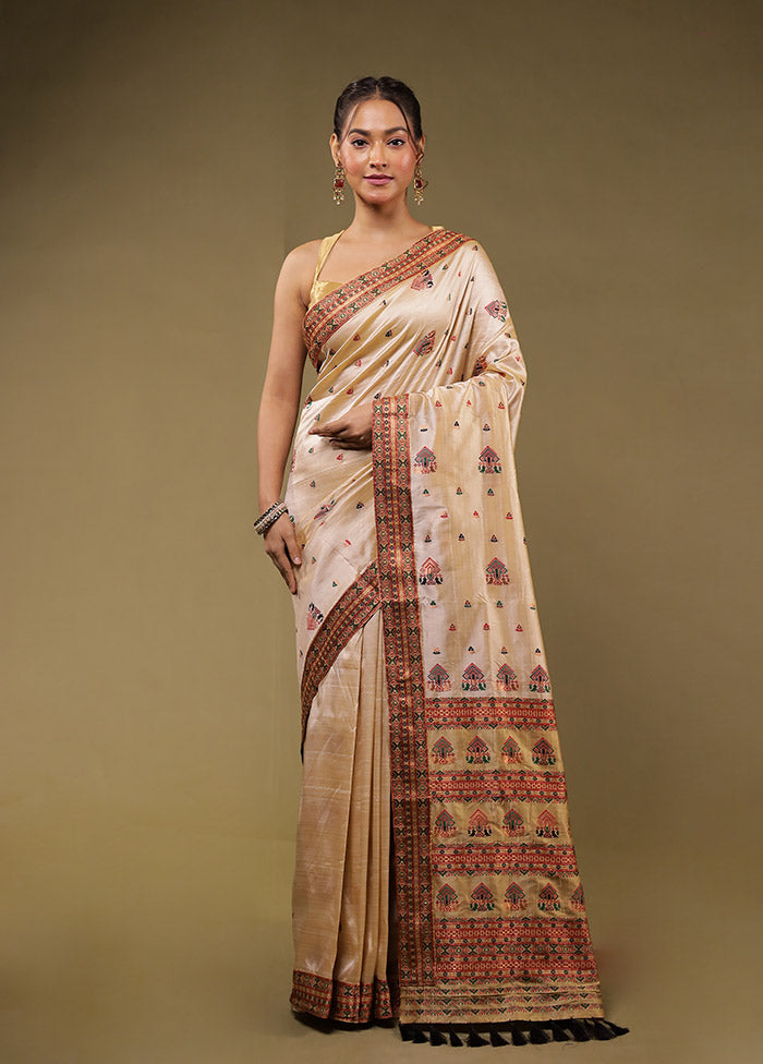 Cream Assam Silk Saree With Blouse Piece