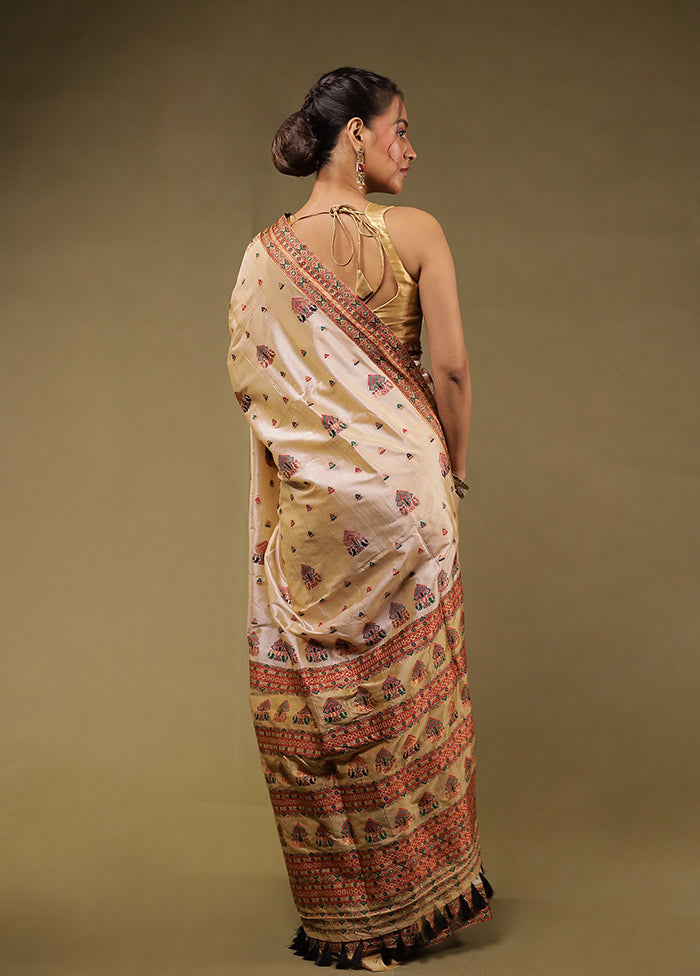 Cream Assam Silk Saree With Blouse Piece