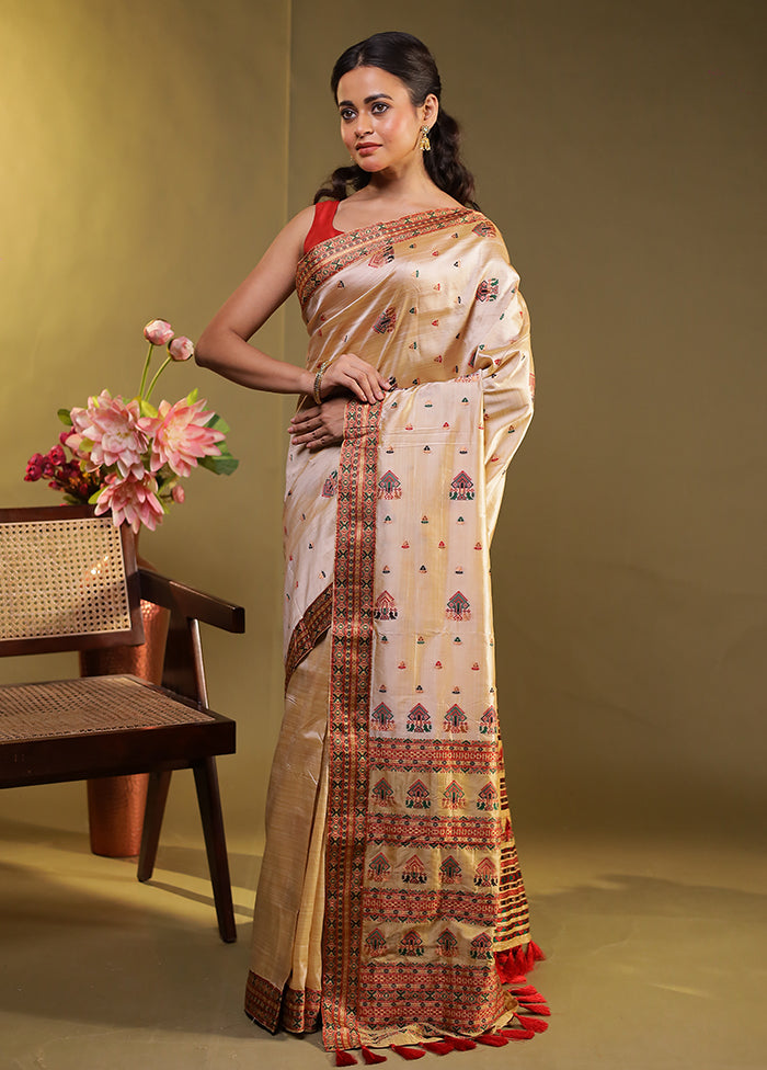 Cream Assam Silk Saree With Blouse Piece