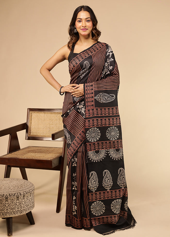 Black Printed Pure Silk Saree Without Blouse Piece