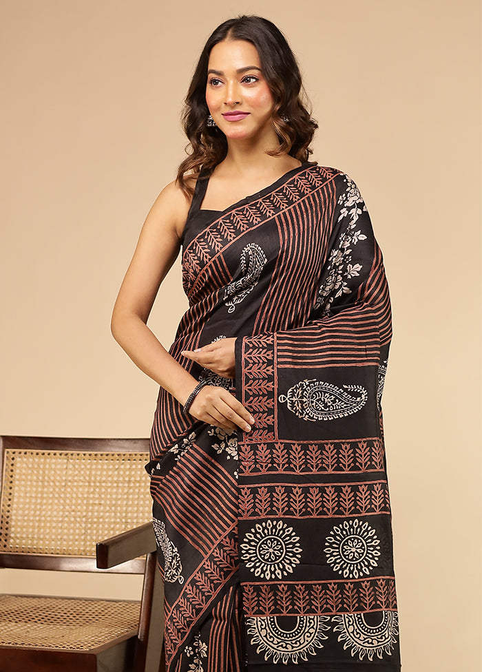 Black Printed Pure Silk Saree Without Blouse Piece