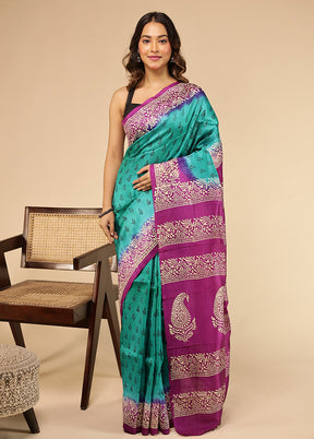Blue Printed Pure Silk Saree With Blouse Piece