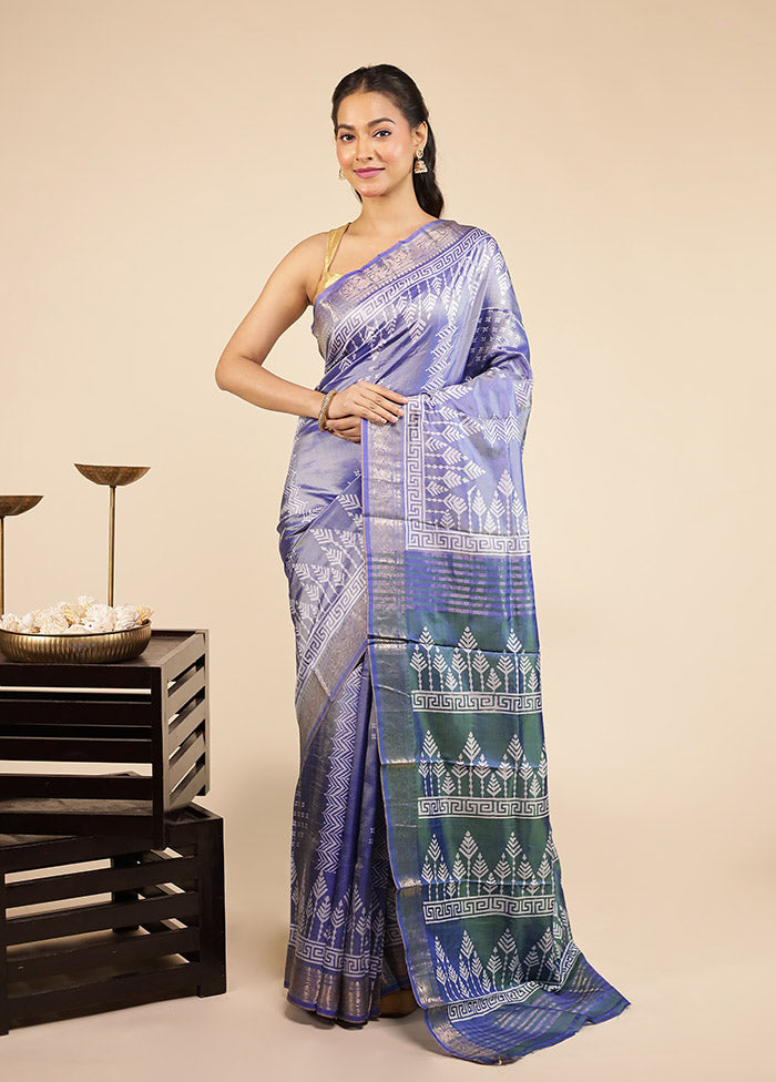 Blue Printed Pure Silk Saree Without Blouse Piece