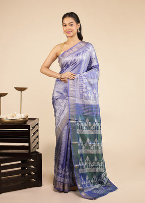 Blue Printed Pure Silk Saree Without Blouse Piece