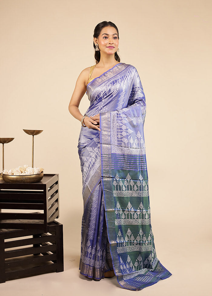 Blue Printed Pure Silk Saree Without Blouse Piece