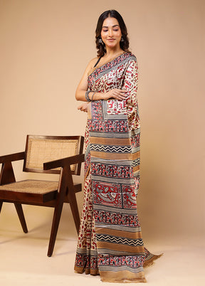 Cream Handloom Tussar Pure Silk Saree With Blouse Piece