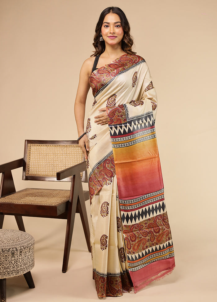Multicolor Handloom Tussar Pure Silk Saree With Blouse Piece