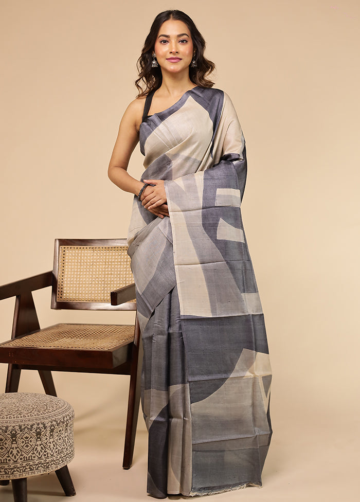 Grey Handloom Tussar Pure Silk Saree With Blouse Piece