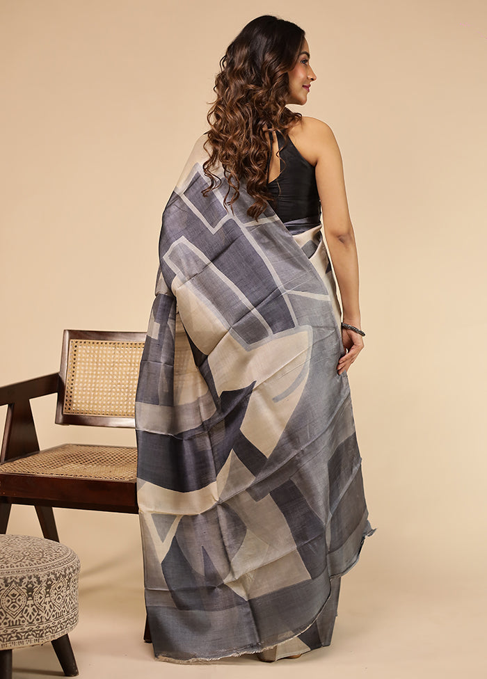 Cream Handloom Tussar Pure Silk Saree With Blouse Piece