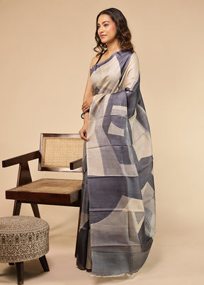 Cream Handloom Tussar Pure Silk Saree With Blouse Piece