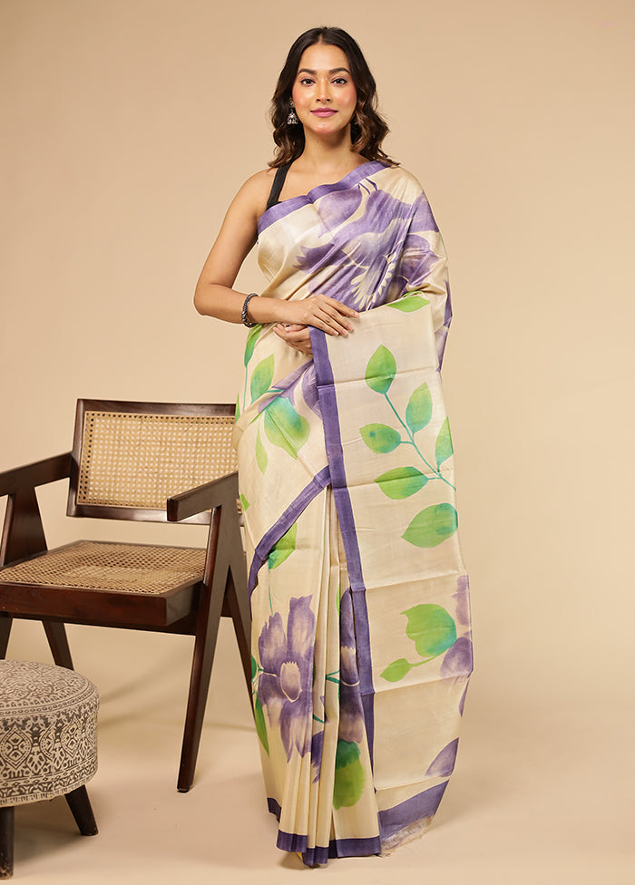 Cream Handloom Tussar Pure Silk Saree With Blouse Piece
