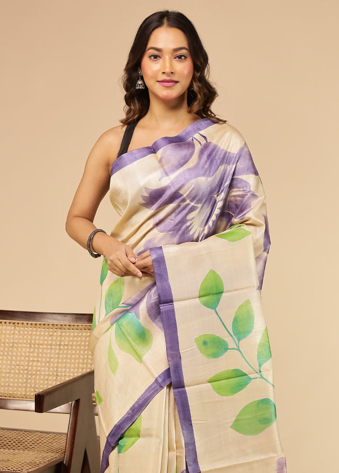 Cream Handloom Tussar Pure Silk Saree With Blouse Piece