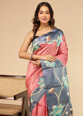 Pink Handloom Tussar Pure Silk Saree With Blouse Piece