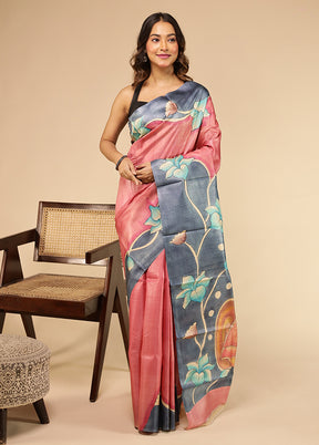 Pink Handloom Tussar Pure Silk Saree With Blouse Piece