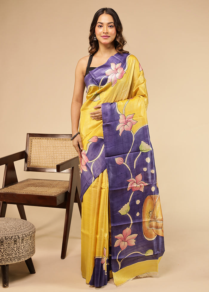 Yellow Handloom Tussar Pure Silk Saree With Blouse Piece