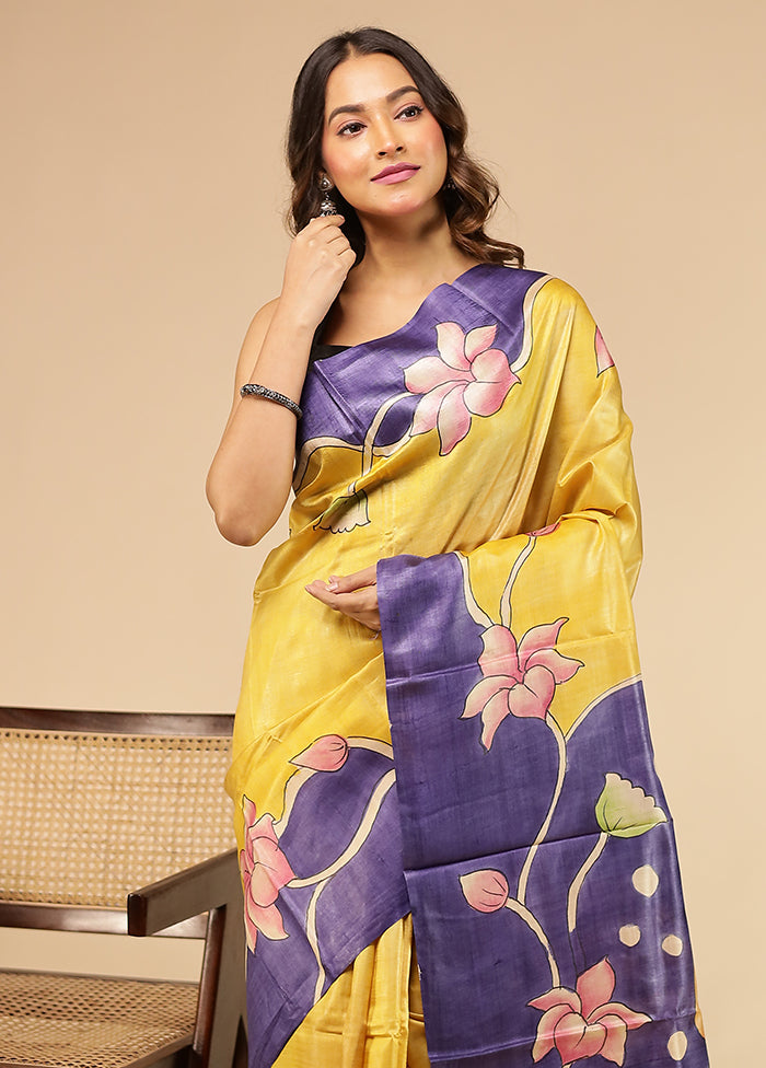 Yellow Handloom Tussar Pure Silk Saree With Blouse Piece