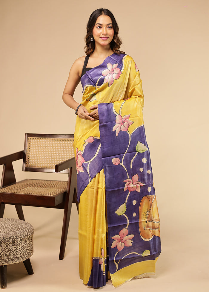 Yellow Handloom Tussar Pure Silk Saree With Blouse Piece