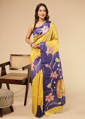 Yellow Handloom Tussar Pure Silk Saree With Blouse Piece