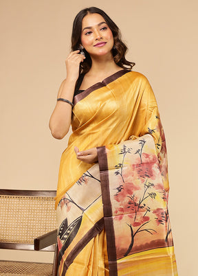 Cream Handloom Tussar Pure Silk Saree With Blouse Piece