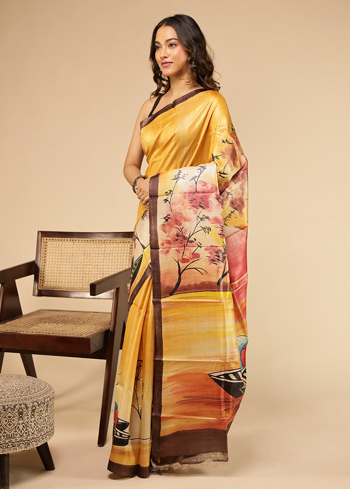 Multicolor Handloom Tussar Pure Silk Saree With Blouse Piece