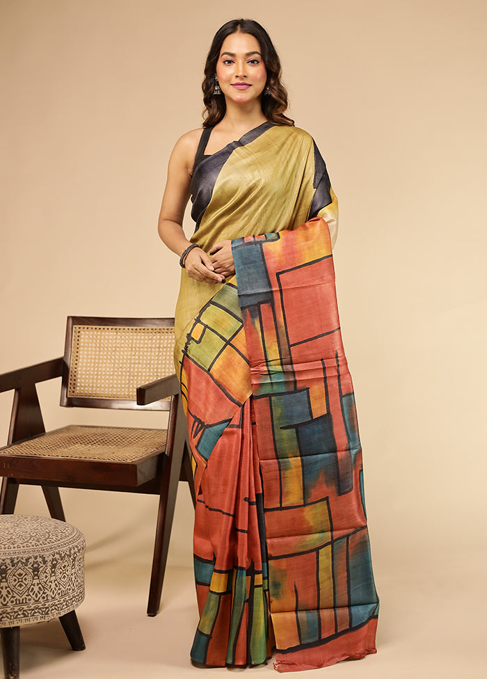 Multicolor Handloom Tussar Pure Silk Saree With Blouse Piece