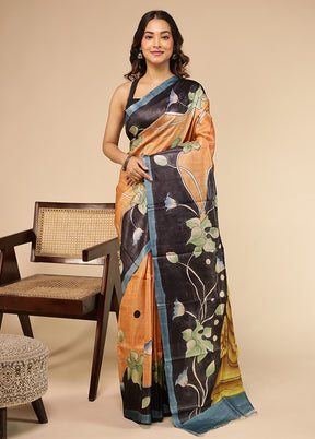Brown Handloom Tussar Pure Silk Saree With Blouse Piece