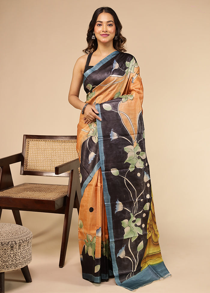 Brown Handloom Tussar Pure Silk Saree With Blouse Piece