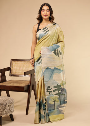 Cream Handloom Tussar Pure Silk Saree With Blouse Piece