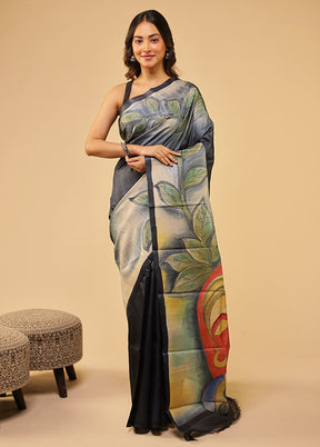 Blue Handloom Tussar Pure Silk Saree With Blouse Piece