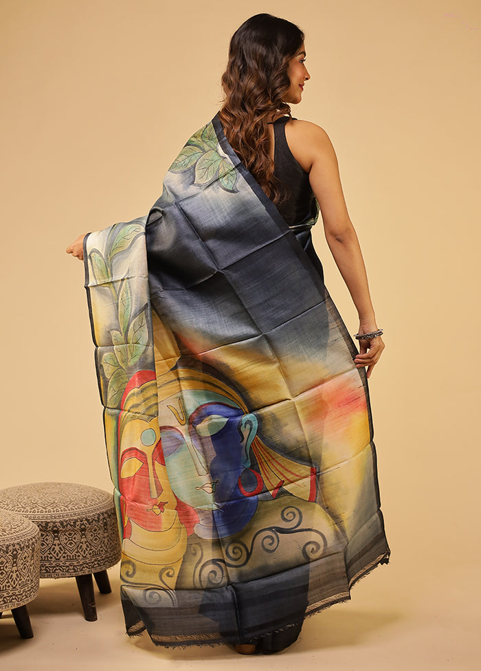 Blue Handloom Tussar Pure Silk Saree With Blouse Piece