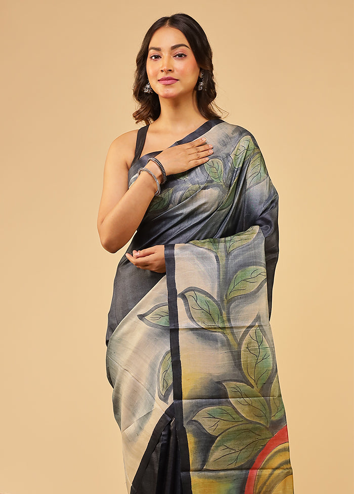 Blue Handloom Tussar Pure Silk Saree With Blouse Piece