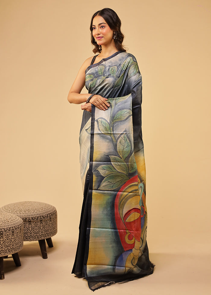 Blue Handloom Tussar Pure Silk Saree With Blouse Piece