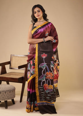 Purple Printed Pure Silk Saree Without Blouse Piece