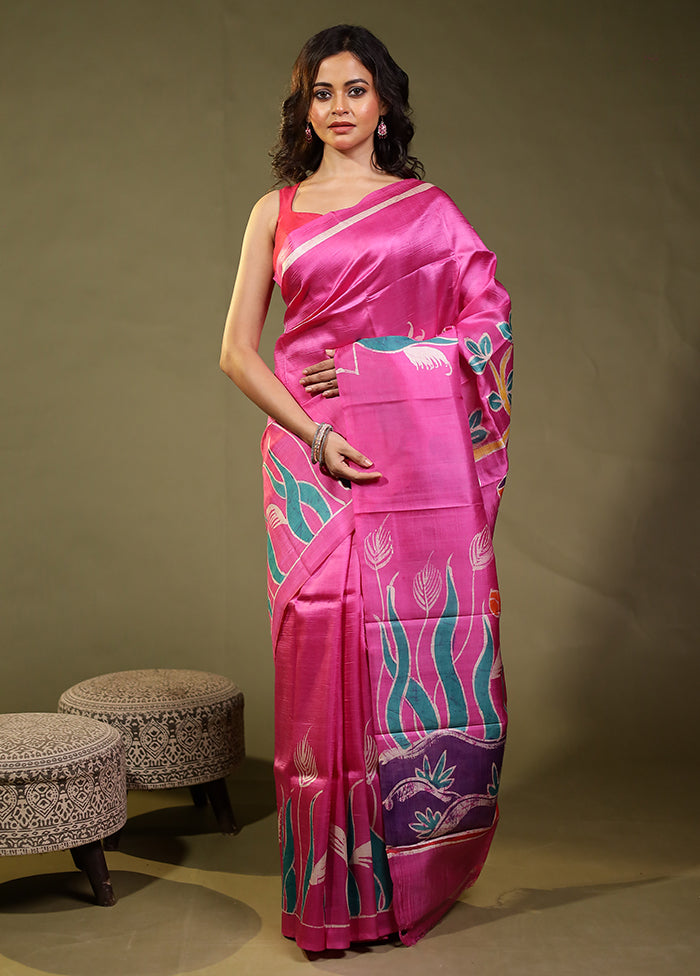 Pink Printed Pure Silk Saree Without Blouse Piece