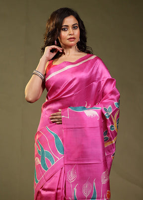 Pink Printed Pure Silk Saree With Blouse Piece