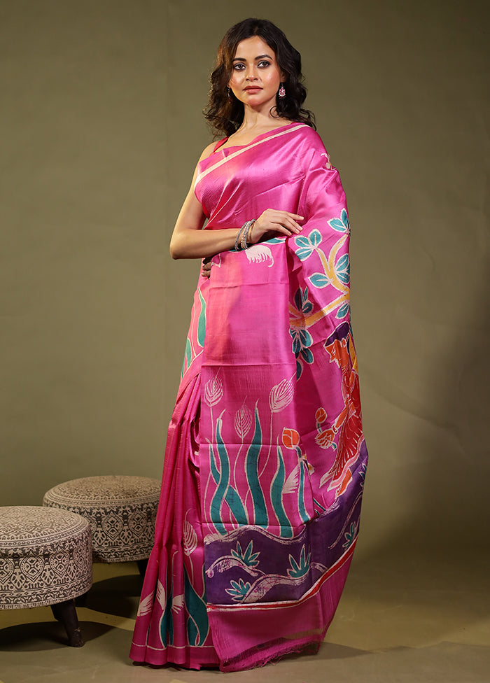 Pink Printed Pure Silk Saree Without Blouse Piece