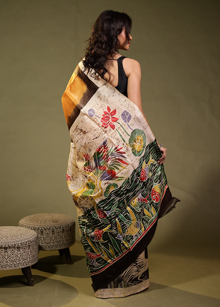 Black Printed Pure Silk Saree Without Blouse Piece