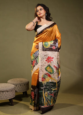 Black Printed Pure Silk Saree Without Blouse Piece