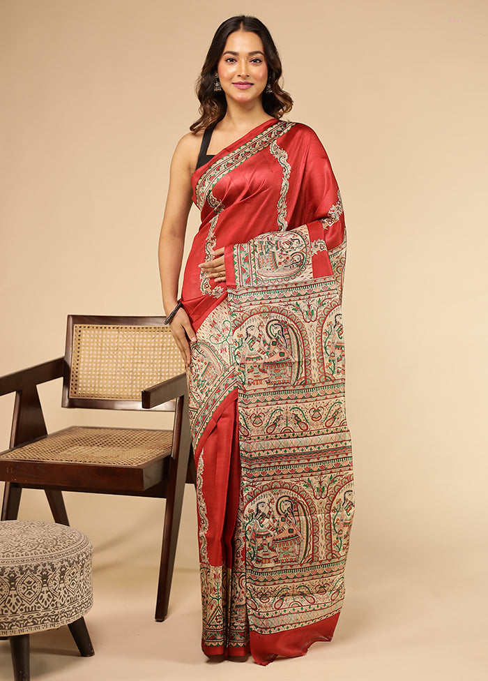 Red Printed Pure Silk Saree Without Blouse Piece