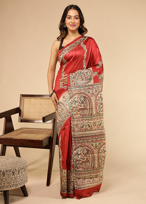 Red Printed Pure Silk Saree With Blouse Piece