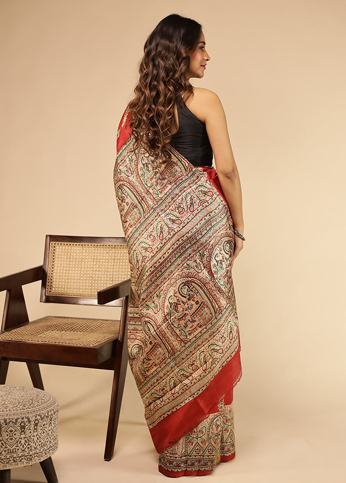 Red Printed Pure Silk Saree Without Blouse Piece