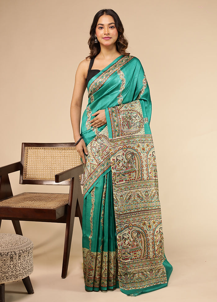 Green Printed Pure Silk Saree Without Blouse Piece