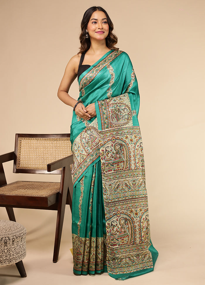 Green Printed Pure Silk Saree Without Blouse Piece