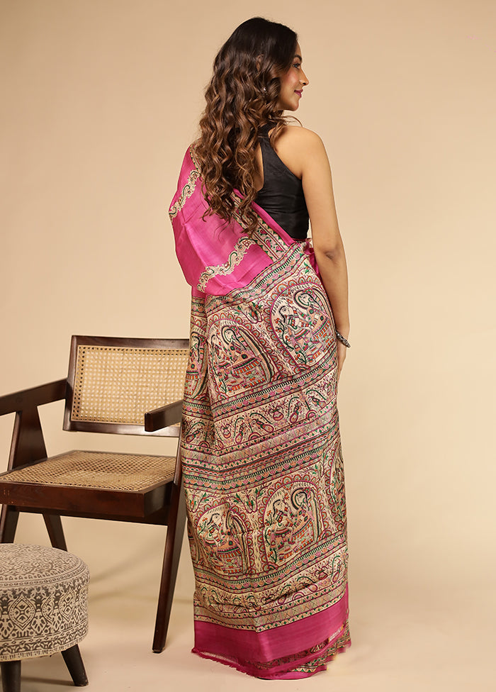 Pink Printed Pure Silk Saree With Blouse Piece