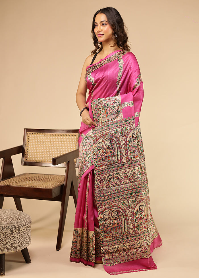 Pink Printed Pure Silk Saree With Blouse Piece