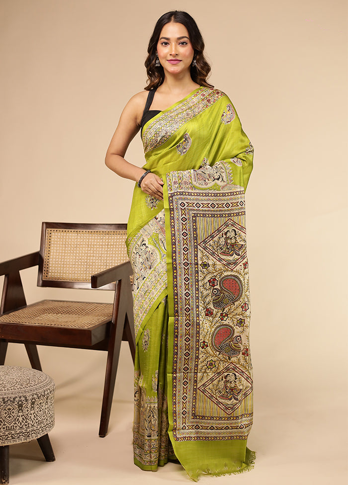 Green Printed Pure Silk Saree With Blouse Piece